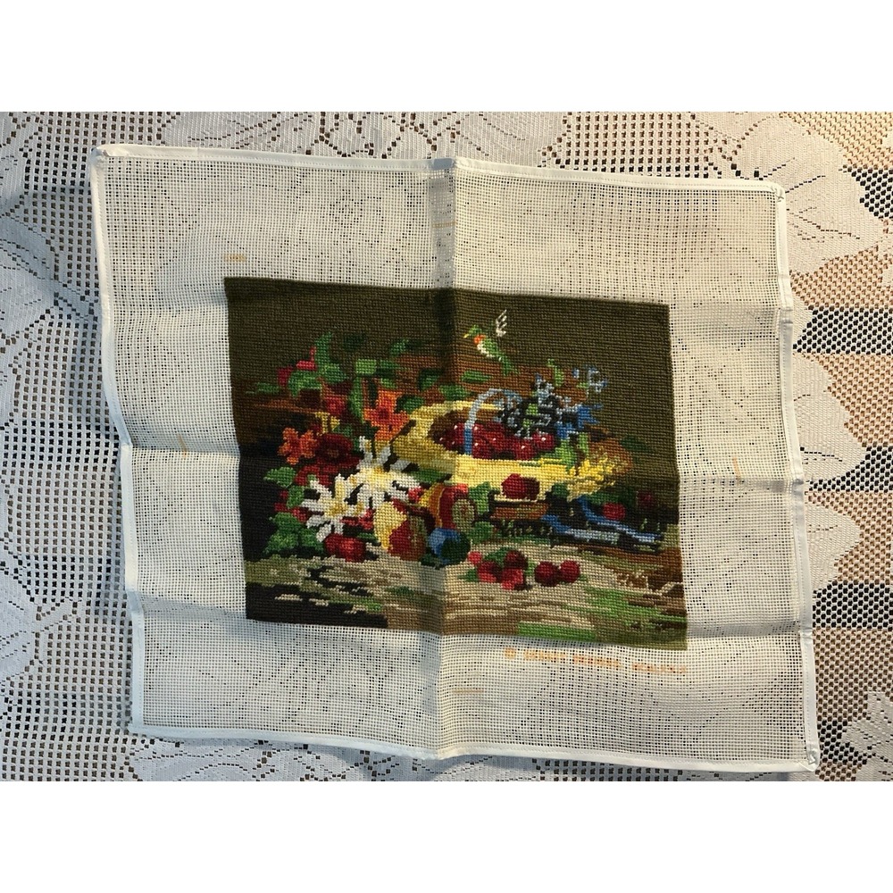1980 Finished Sunset Needlepoint Still Life Tapestry Hummingbird Flowers Basket